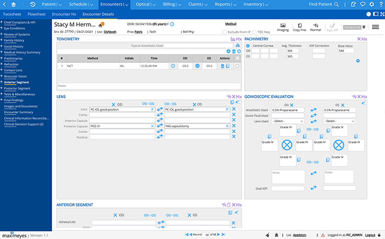 MaximEyes Optometry EHR Encounter